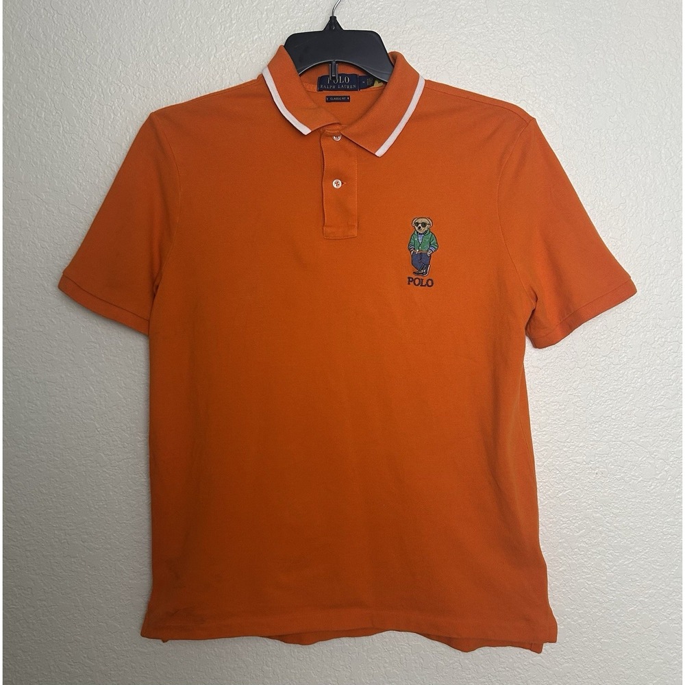 Polo Ralph Lauren Polo Shirt Mens Medium Orange Bear Embroidered Classic Fit